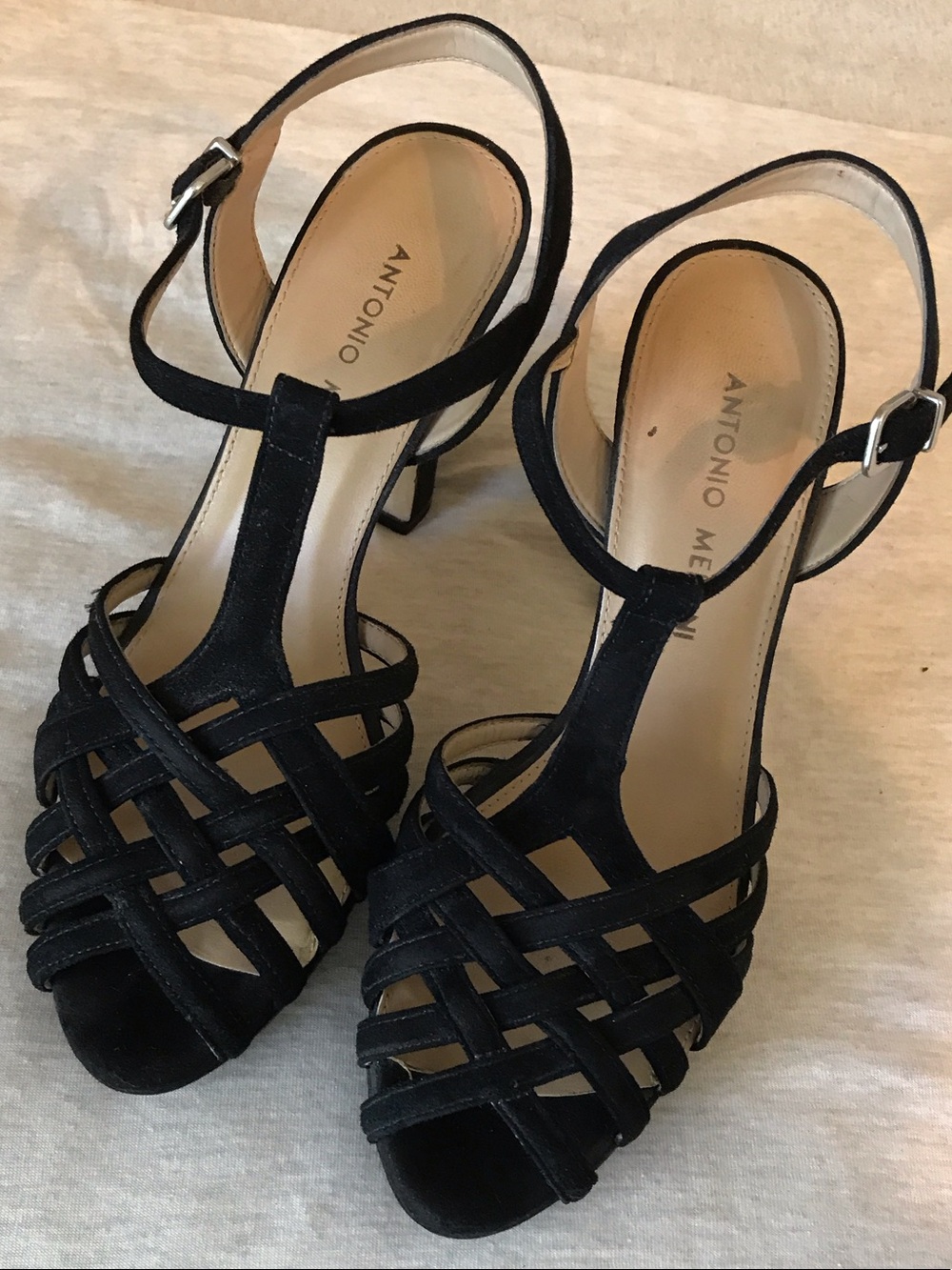Antonio Melani Black Suede Strappy T-Bar Block Heel Sandals